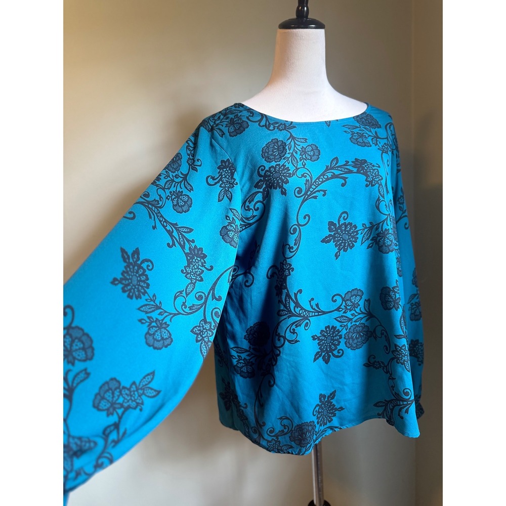 Boho whimsigoth cottage XL Floral Blouse Teal Blue black Long Sleeve paisley Top